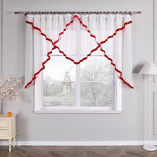 HongYa Kuvertstore transparenter Voile Gardine mit Satinbänder Kräuselband Vorhang H/B 120/300 cm Beere