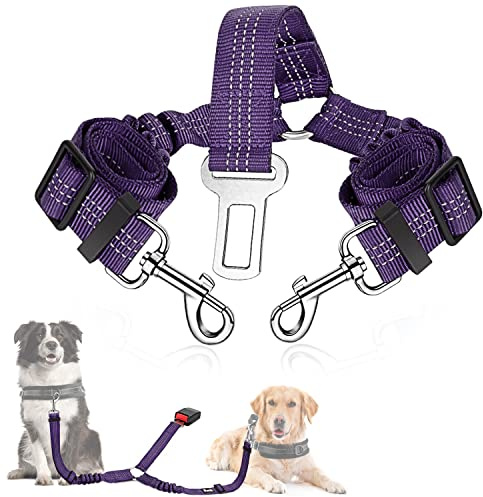SlowTon Double Ceinture Chien Voiture - Laisse Double pour 2 Chiens Réfléchissante Réglable Ceinture de Securité pour Chien Voiture en Nylon élastique Harnais Voiture pour Chien Absorption des Chocs