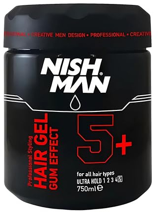 NISHMAN Hair Styling Gel 5+ Gum Effect 750ml – Ultra Starkt Hårgel med Långvarig Finish och Definierad Stil för Män