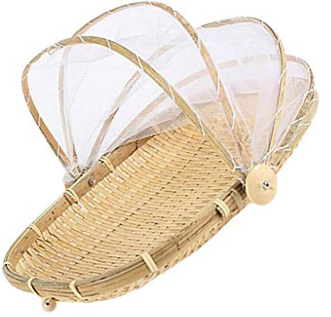 Ouneed- Abdeckhaube Fliegenhaube Picknickkorb Mit Gaze Obstschale Mit Fliegenschutz Insektenschutz Cover Aus Bambus Geflochten, Dekorativ Und Praktisch (S)