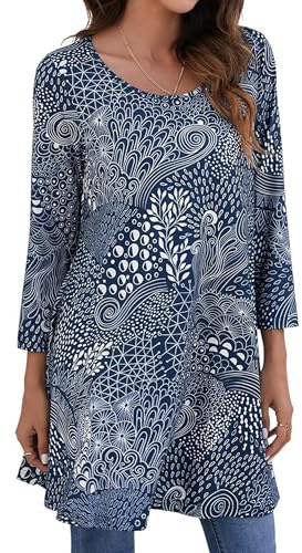 Enmain Tunica Larga Mujer 3/4 Manga Larga Blusas Elegantes de Cuello Redondo Camiseta Larga Mujer Tipo Vestido Casual Túnica Tops,Azul,S