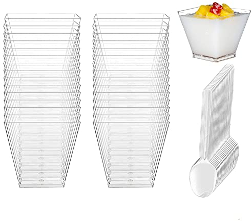 Jesdavan Vasitos Plastico para Postres, 50 Piezas Cuencos Plastico, 60 ml Reutilizable Transparente Vasos para Postres,con Cuchara Adecuado para Festivales Cumpleaños Bodas Picnics Fiestas de Postres