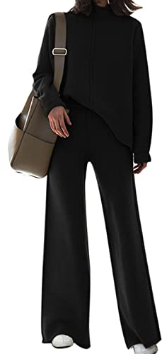 Viottiset Damen Gestrickte Outfits Stehkragen Pullover Weites Bein Hosen Zweiteilig Set Sweatsuit Loungewear Schwarz L