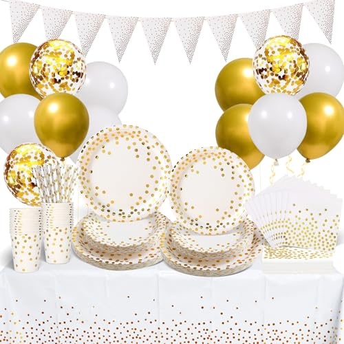 Platos Vajilla para Fiestas Cumpleaños, 25 Invitados Vajilla con Globos, Platos y Vasos de Papel, Servilletas, Paja, para Fiestas, Boda, Aniversarios, Halloween, Navidad, 140 piezas, Blanco y Oro