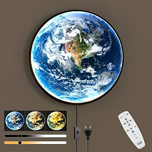 OOWOKS LED Wandleuchte Erde Dimmbar Modern Wandlampe mit Schalter und Stecker Nachttischlampe mit Kabel 3D Erd Mond Lampe Art Deco Wohnzimmerlampe Nachtlicht Modus Schlafzimmer Deko Wandbeleuchtung