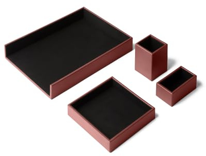 Eglooh - Minerva - Schreibtisch Set Leder Bordeaux Rot - Schreibtisch Zubehör mit 4 Stücken: Taschenleerer, Stiftehalter, Ablagefächer, Visitenkartenhalter - Made in Italy