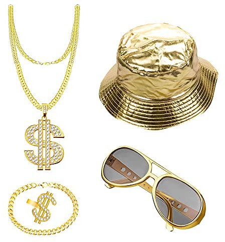 ZJRung Hip Hop Kostüm 5er Set Hut Sonnenbrille Dollar Ring Halskette Dollar Gold Goldkette Armband 80er 90er Jahre Rapper Accessoires Zuhälter Kostüm Set für Fasching Karneval