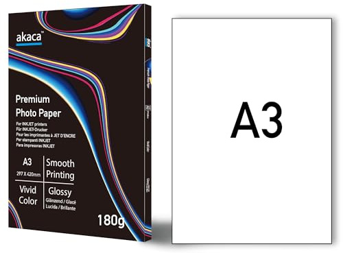 akaca Fotopapier Glänzend 180 g/m², Premium Glossy Photo Paper, Photopapier für alle Tintenstrahldrucker (180g A3 | 20 Blatt)