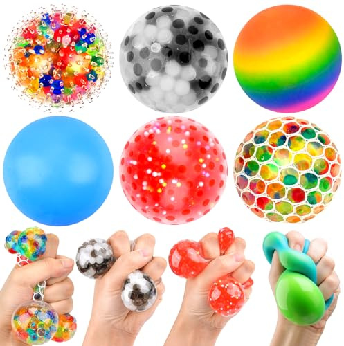 Pipihome 6 stycken stressbollar, stressbollar för barn och vuxna, squishy-bollar med vattenpärlor, klämboll för att slappna av, koncentrera, dekomprimera, ångestlindring, för autism, ADDHD (stil 1)