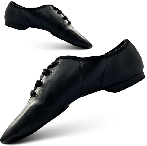 SLIX Essential Lace Up Black Jazz Shoes, Rubber and Suede Split Sole, PU Leather Jazz Shoes, Dance Shoes for Women and Girls Size 6