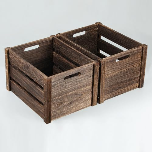ROSOS Wooden Crates, Farmhouse Wood Crates for Storage with Handles, Solid Wood Crate for Display, Durable Handmade Large Wooden Crate Box for Decor, 2 Pack, Brown