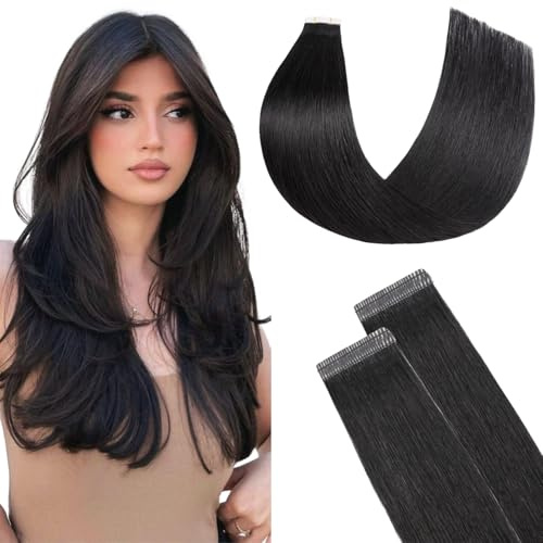 FUOTONBUTY Tape Extensions Echthaar Doppelt Genäht, Natürliches Schwarz Tape in Extensions Echthaar, 20 Stück 50g Invisible Tape Extensions, Tape on Extension Echthaar 40cm