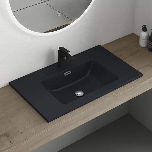 Mai & Mai Lavabo Empotrado sobre Encimera Baño Lavabo | Rectangular | Antracita Mate | Mármol Fundido | 80x48x14cm | con Orificio para Grifo con Rebosadero | Colossum02