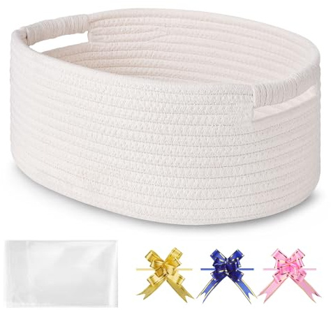 BOSROTY Small Woven Gift Basket with Bag & Ribbons, White | Cotton Rope, 33x23x14 cm, Ideal for Kids, Women & Men, Bedroom, Living Room, Nursery & Bathroom Storage, Cat & Dog Toy Boxes