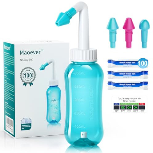 Neti Pot Sinusspül-Set mit 100 Nasensalz-Paketen, Nasenreiniger, Druckspülung, Nasenbewässerung für Erwachsene und Kinder, BPA-frei, 300 ml, mit Aufkleber-Thermometer (Hellgrün)