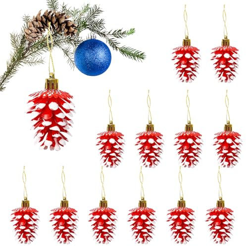 HERZONE 12pcs Weihnachtsbaumanhänger Tannenzapfen Anhänger Pinienzapfen anhänger,Zapfen Deko zum Anhängen (rot(zapfen))