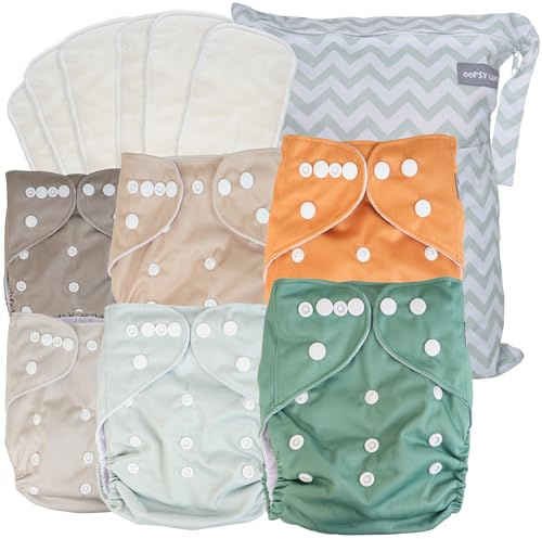 OOPSY LUCY Cloth Diapers 6 Pack with 6 Inserts & Wet Bag – Reusable, Adjustable Fit for Babies & Toddlers – One Size Diapers That Grow with Your Baby – Machine Washable & Eco-Friendly