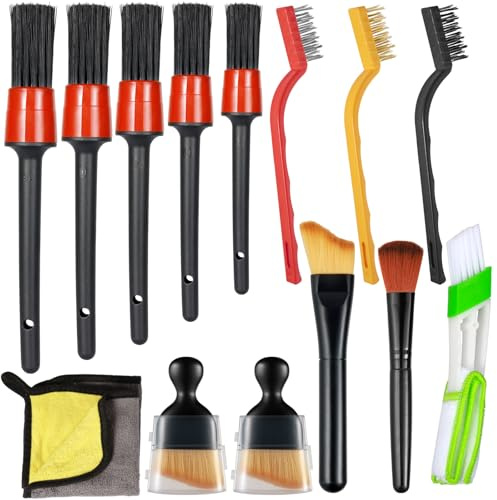 Sheryl&Rain 14 PCS Car Detailing Brushes Kit with Microfiber Towel | Car Interior Cleaning Brush Kit, Soft Bristles Cleaning Brushes Kit Non-Scratch for Exterior Trim Wheel Rim, Air Vents