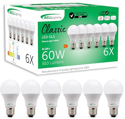 BELL Lighting E27 LED Light Bulbs 6 Pack | 8.1 W 810 Lumen Natural White 4000 K | Large Edison Screw Cap ES | Energy Saving GLS LED Bulb | 60 W Equivalent | Non-Dimmable Cool White Lighting