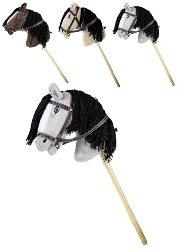 RL24 - Hobby Horse – Steckenpferd mit Trense – Spielpferd aus Plüsch mit Holzstock & Langer Mähne – Stockpferd ohne Griffe & Rollen – Hobby Horse Pferde – Grau