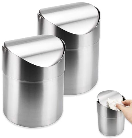 Mini Poubelle de Table en Inox 1,2L avec Couvercle Basculant pour Bureau, Maison et Lavabo - Corbeille à Papier en 2 Pièces (Argent)
