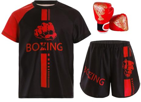 Oyolan Enfant Garçon Short de Boxe et T-Shirt avec Gants de Boxe Ensemble Muay Thai MMA Kick Boxing