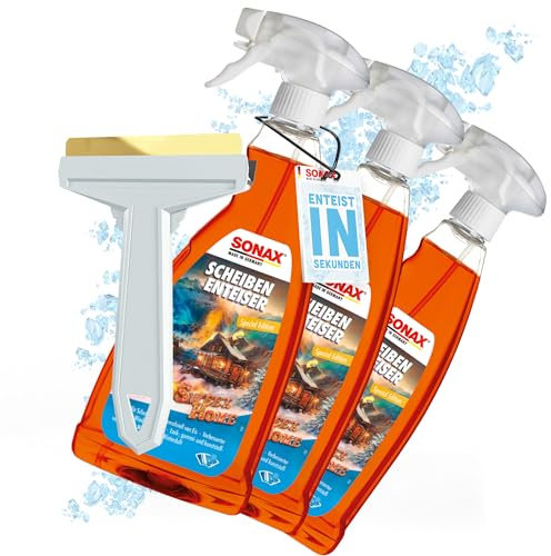 Set di 3 sbrinatori per parabrezza, spray Sonax, Sweet Home, 1 litro per finestrini dell'auto + 1 raschietto per ghiaccio Murska con lama in ottone, spray per sbrinamento per una visione chiara
