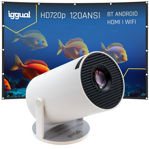 Iggual - Proyector Portátil con Pantalla 100, Mini Proyector MP720p con Android TV, HDMI, WiFi y Bluetooth 5.0, 120 Lúmenes ANSI, Corrección Vertical, Giro 180º y Altavoz Interno