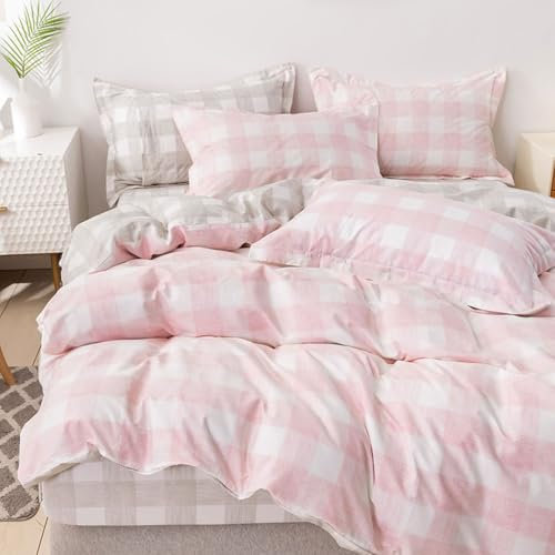 Nyescasa Housse de Couette 220x240 à Carreaux Vichy Rose et Gris Réversible Parure de lit Adulte 2 Personnes en Microfibre Set de Housse de Couette avec Fermeture Éclair et 2 Taies d'oreiller 65x65 cm