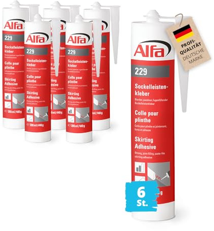 6x Alfa Sockelleistenkleber 429 g – Befestigung von Sockelleisten (2574 g) | Profi-Qualität - Weißer Montagekleber mit hoher Anfangs- und Endhaftung - Stoß- und vibrationsunempfindlich - Lösemittelfrei
