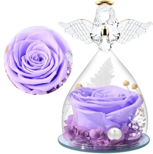 FRFG Ewige Rose Engel Geschenke für Mama, Ewige Rose im Glas Engel Figur Geschenke für Frauen Muttertag, Engel mit Rose Geburtstagsgeschenk für Frauen, Muttertagsgeschenk (Hellviolett)