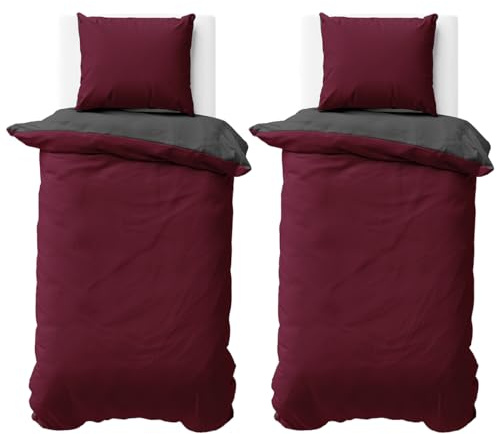 Visaggio 4teilige Bettwäsche Mikrofaser 135x200 cm Bordeaux Anthrazit Wendeettwäsche Bettbezug Garnitur Set Uni Einfarbig Deckenbezug Kissenbezug Schlafzimmer Set