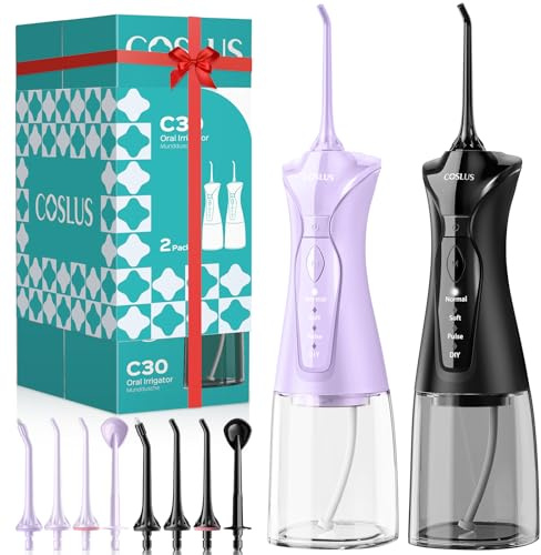 COSLUS 2-Pack C30 Water Flosser for Teeth: Water Dental Pick Set with Refined Packaging for Couples Friends, 3 Modes & 8 DIY Levels for Sensitive Gums & Braces, Ideal for Family Sharing, Black Purple
