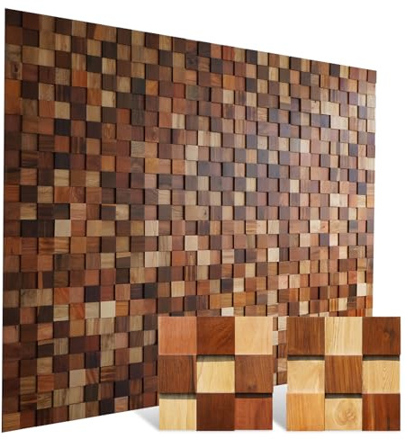 ​​DQQWood Multi-Hardwood 3D Mosaic｜Twin-Height Square Solid Wood 3D Wall Panels｜11.81x11.81 Natural Timber Decor｜12 pcs Cover 11.63 sq ft Gallery-Grade Feature Wall​
