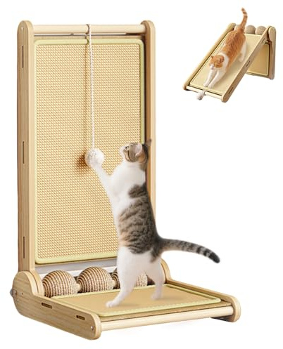 L Shape Cat Scratcher, Standing Cat Scratching Pad with Natural Sisal Scratcher Mat, Foldable Protecting Furniture Scratch Pad with Ball Toy for Indoor (60 * 28 * 33cm)
