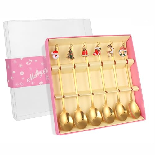 Set di 6 cucchiai natalizi, in acciaio inox, per mescolare caffè, dessert, tè per feste di Natale, confezione rosa (oro)