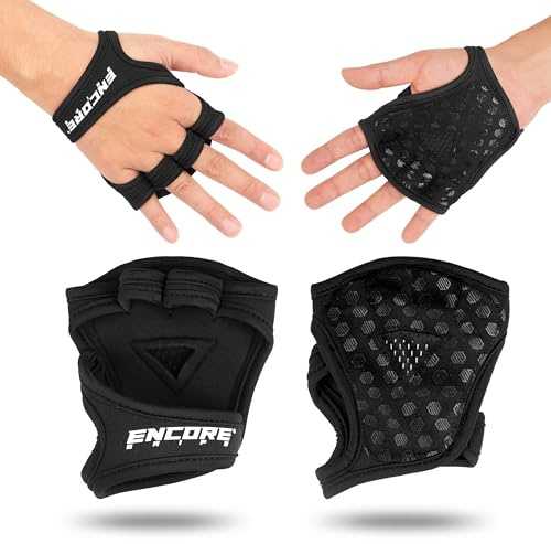 Encore Grips Griffpolster Kraftsport – Griffhilfen & Grip Pads für Krafttraining, Bodybuilding & Klimmzüge, Neopren Silikon Handgriffe, Gym & Fitness, 1 Paar (Schwarz, M)