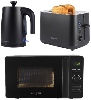 Salter Kuro Kettle, Toaster & Microwave Set – 800W Digital Microwave with 25.5cm Rotating Turntable, 2-Slice High-Lift Toaster with 7 Browning Levels, 3000W Rapid Boil Kettle with Boil-Dry Sensor | 2-Slice Toaster, 7 Browning Levels, Defrost/Reheat/Cancel, Auto Shut-Off, Boil-Dry Protection, Removable Crumb Tray