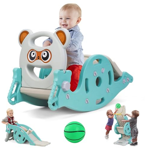 ulafbwur Toboggan Exterieur Enfant, 3 en 1 Toboggan avec Cheval à Bascule, Toboggans Enfants avec Panier de Basket et Ballon, pour Les Petits âgés de 12 Mois à 6 Ans (Vert)