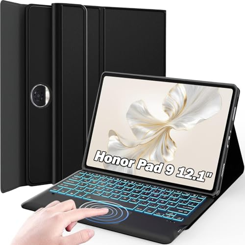 Wineecy Beleuchtete Tastatur Hülle für Honor Pad 9 Tablet 12.1 Zoll 2023, Magnetisch Abnehmbare Kabellose Bluetooth QWERTZ Tastatur mit Touchpad und PU Leder Schützhülle