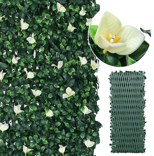 Expanding Trellis With Artificial Leaves & White Flowers - Extendable up to 282x30cm (9.3× 1.0ft), Decorative Garden Privacy Screen - Ficus Leaf Artificial Hedge Screening Panel for Balcony, Fence