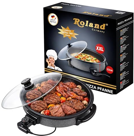Roland Germany XXL Pizza Pfanne, 42cm Extra Tief, 13cm Höhe, mit Glasdeckel, Elektrische Pizzapfanne (42/13 cm)