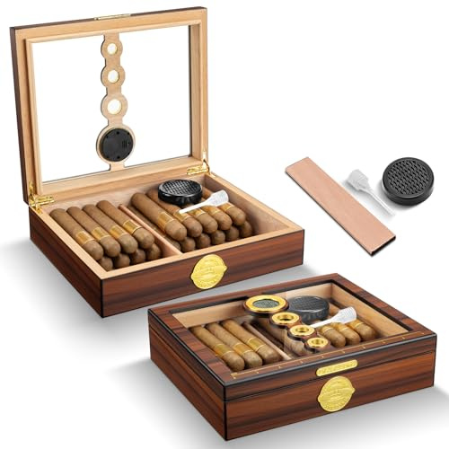 CLZOONG - Bodega de cigarros de madera de cedro con humidificador e higrómetro y medidor de cigarros para el hogar y la oficina, caja de almacenamiento para hombres (Small for 30 cigarros)