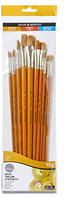 Daler-Rowney Simply Acrylic Brush Set, 10 x Assorted Gold Taklon Synthetic Hair Brushes, Long Handle, For Entry-Level Artists & Hobbyists