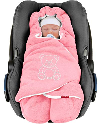 ByBoom® - Manta arrullo de invierno para bebé, es ideal para sillas de coche (p.ej. de las marcas Maxi-Cosi y Römer), para cochecitos de bebé, sillas de paseo o cunas; LA MANTA ARRULLO ORIGINAL CON EL OSO, Color:Rosa/Blanco