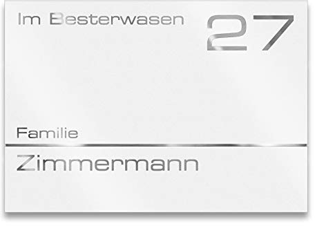 Metzler Edelstahl Namensschild Zimmermann in weiß - Wetterfest & Massiv - Rostfrei & UV-Beständig - Individuelle Beschriftung - Größe: 16 x 11 cm