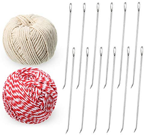 WILLBOND 14 Pieces Poultry Lacing Kit, 7 Inch Stainless Steel Roasting Trussing Needles & Cotton Kitchen Twine for Trussing Roasting Chicken and Turkey