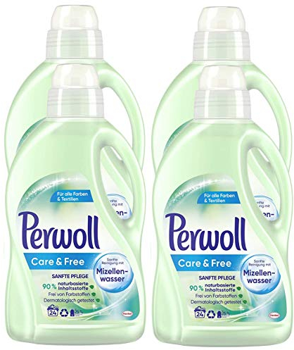 Perwoll Care und Free, Feinwaschmittel, 96 (4 x 24) Waschladungen, mit Mizellenwasser für empfindliche Haut und Allergiker geeignet