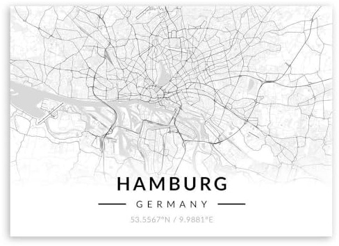 Murrano Metal Poster Metallbild Metallposter - Weltstädte - Poster Stadt - mithilfe eines Magnets montiert - schwarz-weiß - Hamburg Horizontal - 45 x 32 cm