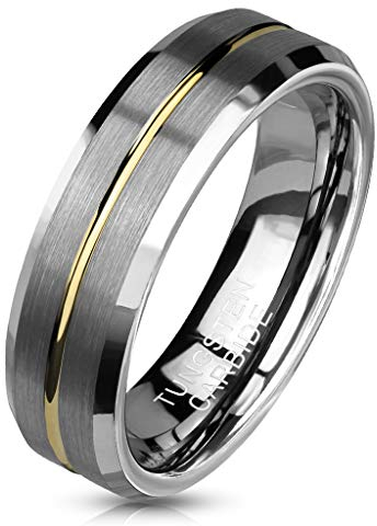 Paula & Fritz® Ring Damen Wolframcarbid Gebürstet Gr. 62 (19,7) Silber-Gold 6-mm Breit Herren-Ring Partner-Ring Damenring Verlobungs-Ring Ehering